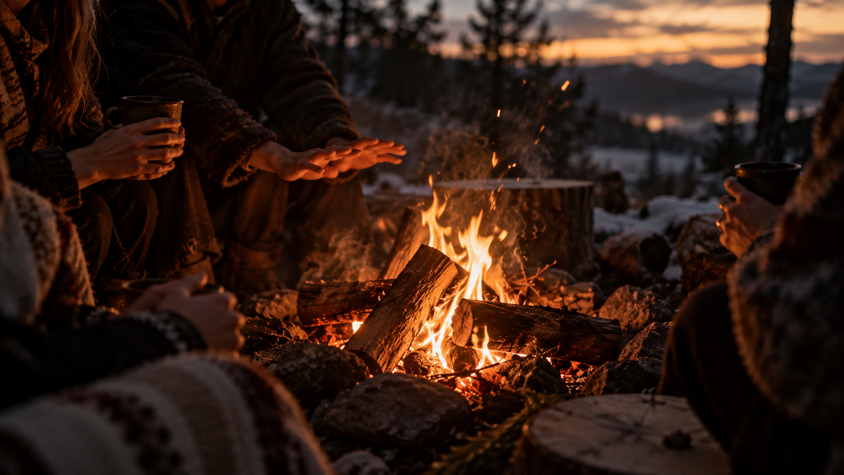 Menschen sitzen im Winter gemeinsam an einem Feuer