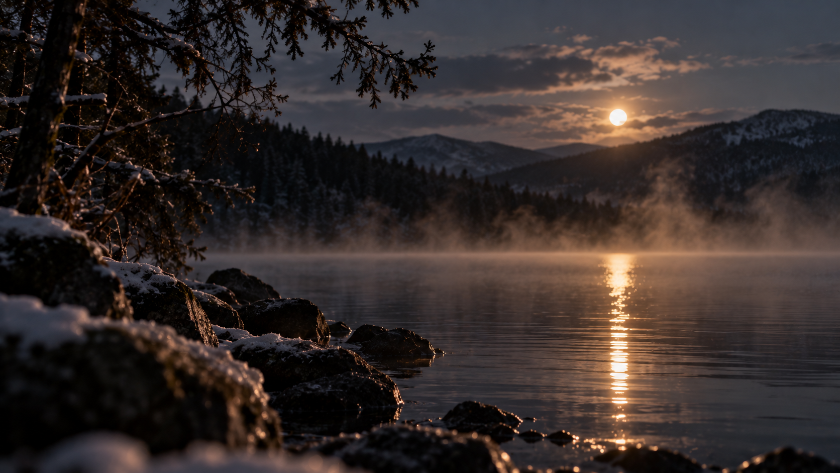 Stiller winterlicher See im Mondlicht mit Nebel über dem Wasser