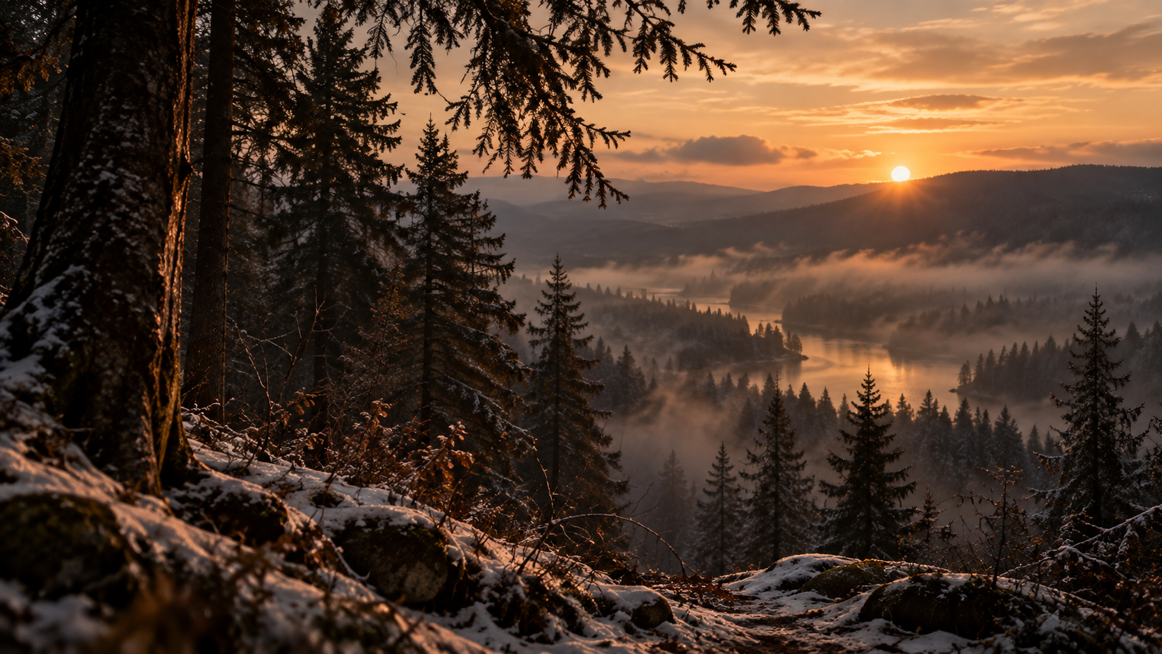 Winterlicher Wald mit Blick auf einen See im warmen Licht des Sonnenuntergangs